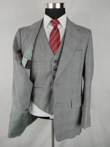 Vintage 70er Jahre John Weitz Herren 3tlg Anzug 40R grau Wolle Hose 36x27 blau rot kariert - Bild 1 von 24