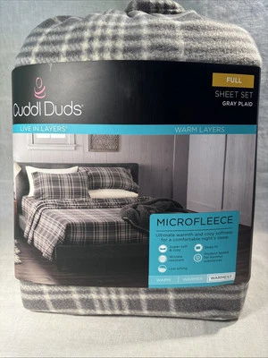 JUEGO DE SÁBANAS CUDDL DUDS MICROFLEECE GRIS DISEÑO A CUADROS 4 PIEZAS TAMAÑO COMPLETO NUEVO Foto 1 de 4