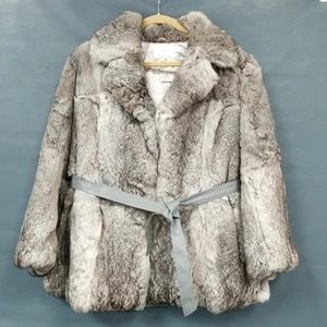 Elan French Dyed Rabbit Fur Grey Coat With Belt Pockets Size Small - Picture 1 of 10