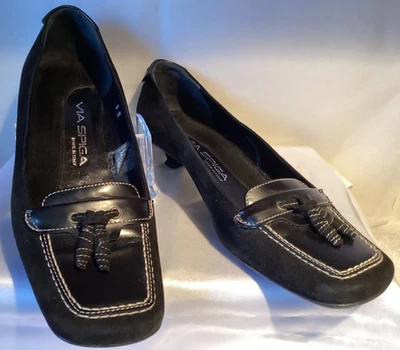 Zapatos de salón vintage Via Spiga negros punta cuadrada cuero y gamuza talla 8M Foto 1 de 4