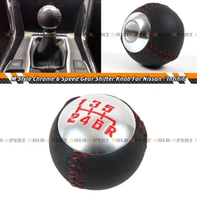 For Nissan Infiniti Red Stitching Leather Chrome 6 Speed Round Gear Shifter Knob - Image 1 of 4