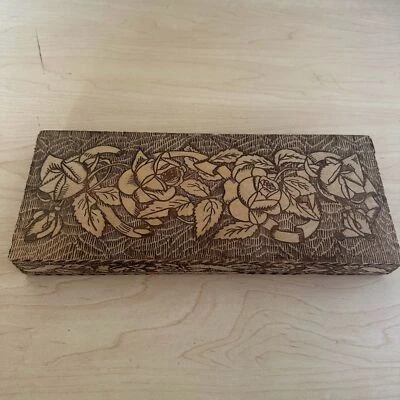 Antique Wizard L. F. Grammes & Son Wooden Box Pyrography Floral - Image 1 of 4