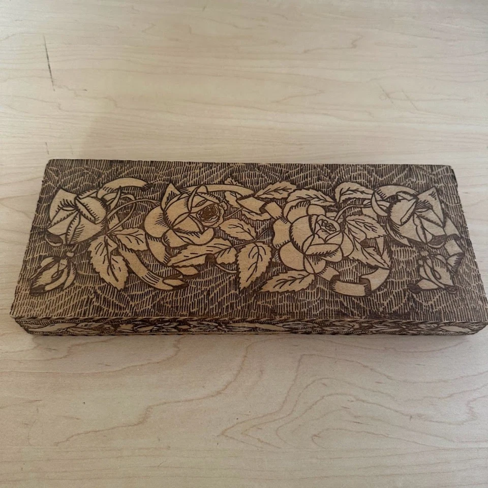 Antique Wizard L. F. Grammes & Son Wooden Box Pyrography Floral - Image 1 of 4