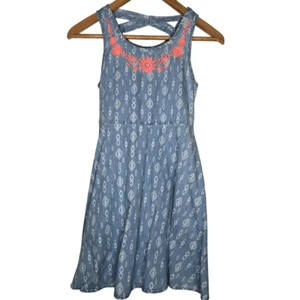 Justice Girls Western Print Denim Style Dress 12 Floral Embroidered Sleeveless - Picture 1 of 12
