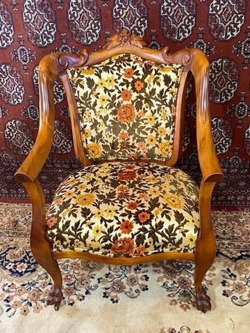 Upholstered Chair Antique Victorian Carved Vintage Century Arm French Mid Wood Cover