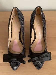Paris Hilton Women’s Tweed Heels with Satin Bow Size 6M Black/Grey Woven Fabric - Picture 1 of 6