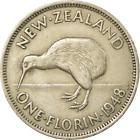 Nouvelle-Zélande pièce 1 florin | roi George VI | oiseau kiwi | 1948 - 1951