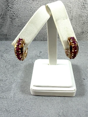 Sterling Silver Genuine Ruby Hoop Pierced Earrings #HP7 - Image 1 of 4