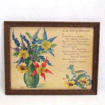 Vtg 1940's Framed Mother Poem motto Print Picture Carved wood Frame floral - Image 1 of 3