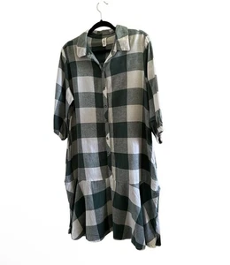 Elm Women’s Dress Sz 10 Green White Check Linen Blend Christmas FZ  - Picture 1 of 7