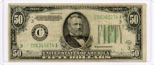 1934 B $50 GREEN SEAL FEDERAL RESERVE NOTE PHILADELPHIA F/VF - Picture 1 of 2