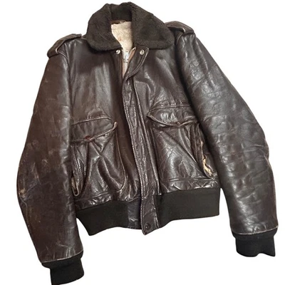 Vintage Mens Brown Leather Bomber Jacket 44 Med Talon Zipper R Sherman Patina - Image 1 of 4