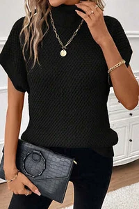 I AM A FASHION JUNKY Black Turtleneck Textured Short Sleeve Sweater - Picture 1 of 8