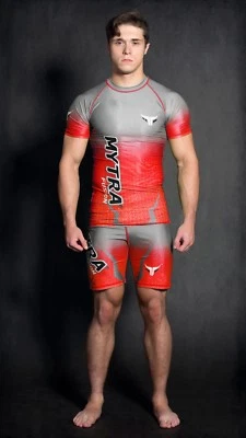 Mytra Fusion Rash Guard Compression Set Workout Bodysuit & Tudo Shorts Gym Suit - Image 1 of 2
