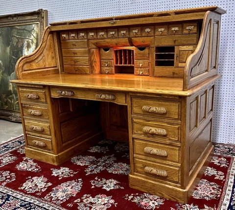 Vintage Beautiful American 66" Oak Crest S Curved Golden Oak Roll Top Desk Cover