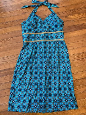 Dorby Women's Halter Dress Size 12 turquoise tan zip tie halter lined v neck - Image 1 of 4