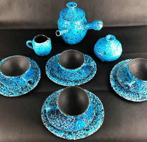 SERVICIO DE TÉ FAT LAVA 4 PERSONAS COMPLETO CRISTAL TURQUESA CERÁMICA ARTÍSTICA HECHA A MANO - Imagen 1 de 12