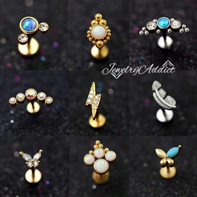 Pendiente piercing escalador espalda plana barra cartílago cartílago oreja gema ópalo 16 g Foto 1 de 4