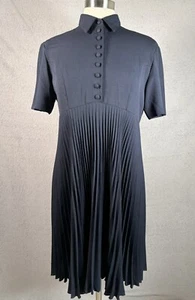 Vntg Wild Rose Dress Navy Blue Pleated Buttons Collar Short Sleeve Dark Academia - Picture 1 of 17