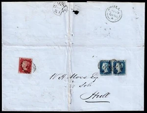 1856 2d Blue Plate 5 CE-CF Blue and 1d Red TF LATE FEE VFU London to Hull SG 34 - Picture 1 of 3