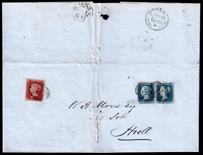 1856 2d Blue Plate 5 CE-CF Blue and 1d Red TF LATE FEE VFU London to Hull SG 34 - Image 1 of 3