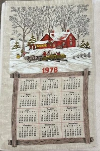 Vtg Linen Tea Towel Wall Hanging 1978 Calendar Barn Country Horse Sled Winter - Picture 1 of 23