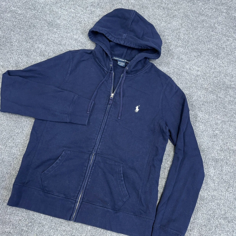 Moletom com capuz esportivo feminino Ralph Lauren L azul marinho zíper completo 100% algodão Y2K - Imagem 1 de 4