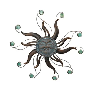 Antique Copper Finish Metal Sun Face Wall Hanging With Ceramic Bead Accents - Picture 1 of 9