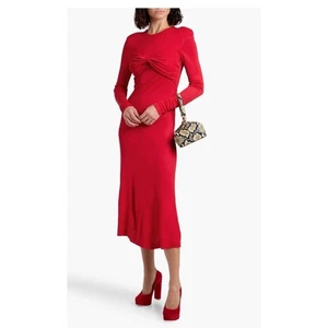 FARM Rio Twisted Jersey Midi Dress Red Long Sleeve Shoulder Pads Size S (J) - Picture 1 of 12
