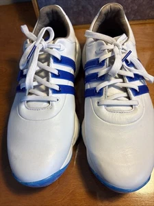 NEUWERTIG HERREN ADIDAS TOUR 360 22 WEISS BLAU SILBER GOLFSCHUHE GRÖSSE 8 1/2 EINMAL GETRAGEN - - Bild 1 von 3