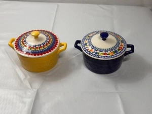 Pioneer Woman Mini Kasserolle bedeckt Schalen Set 2 schillernde Dahlien gelb marine - Bild 1 von 24