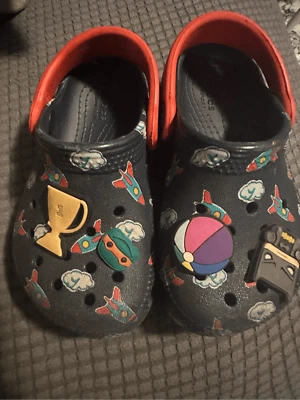 Crocs Child’s Size 7C Slip On Clogs in Navy With Rocket & Clouds With Jibbitz Ch - Image 1 of 4