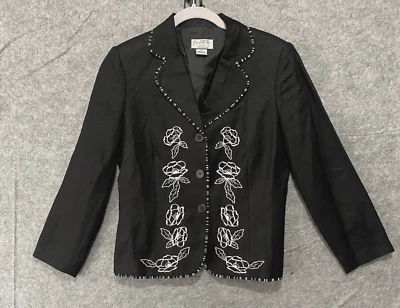 Vintage Mary McFadden Linen Blend Blazer Womens Sz 4P Black Embroidered Lined - Image 1 of 4