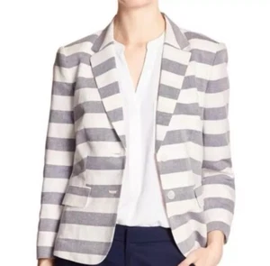 Banana Republic WomenLinen Blend Striped Blue White Nautical Blazer Jacket 12P - Picture 1 of 8
