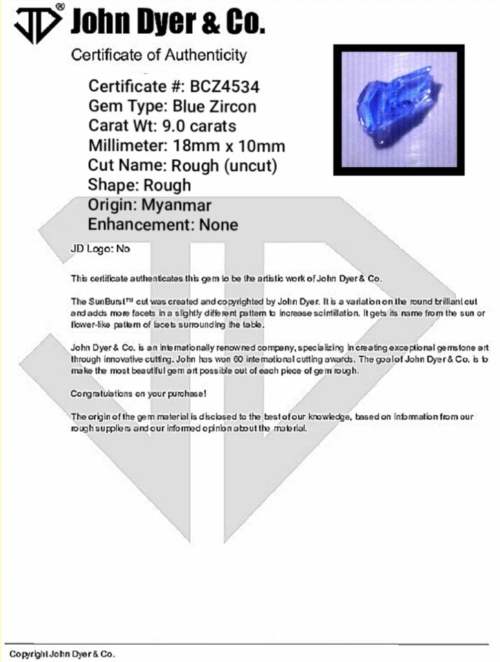 9.0 Ct Certified Natural Beautiful Blue Zircon Rough Loose Gem - Image 1 of 4