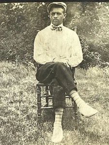 O7 Photograph 1920-20's Handsome Man Hat Bowtie *Glued Together* - Picture 1 of 5
