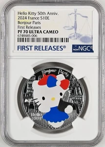 France 10 Euro 2024 Silver Coin Hello Kitty 50th Anniv Bonjour Paris NGC PF70 FR - Picture 1 of 2