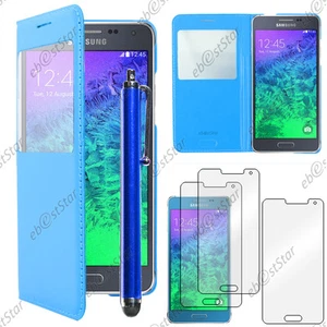 Housse Etui Fen�tre PU Cuir Bleu pour Samsung Galaxy Alpha + Stylet + 3 Films - Photo 1 sur 1