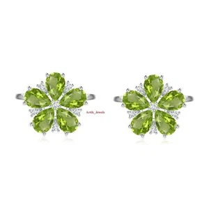 Natural Peridot Gemstone With 14K White Gold Plated Silver Cufflink #1167 - Picture 1 of 10