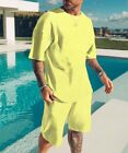 Men's Summer Short Sleeve Beach Pants Suit 2Pcs Solid Color T-shirt Shorts Sets