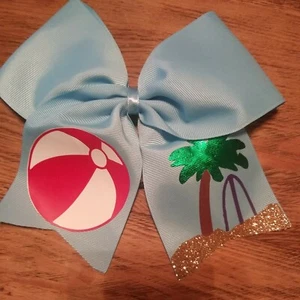 Summer Fun Beach palm Boutique Cheer Big Hair Bow Ribbon Handmade Girls 7" - Picture 1 of 4