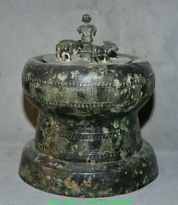11.8'' Old China Dynasty Bronze Ware Palace Beast Cattle People Person Drum - Image 1 of 4