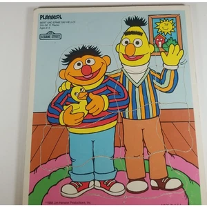 Vintage Wooden Board Puzzle Playskool Bert and Ernie Say Hello! 11 Piece 1988 - Picture 1 of 9