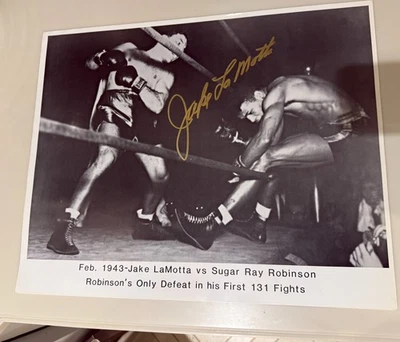 杰克·拉莫塔 XL 照片亲笔签名 16 1/2 X 20 1943 胜利 vs Sugar Ray Robinson — 第 1/4 张图片