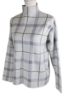 Jones New York ~Mujer Talla L~ Suéter Gris a Cuadros Hombro Caído Top Cuello Alto. Foto 1 de 4