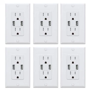 4.0 Amp Dual USB Ports 15 Amp Duplex Tamper Resistant Outlet, White (6-Pack) - Picture 1 of 11