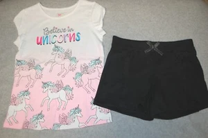 Girls S/S T-Shirt BELIEVE IN UNICORNS White Pink BLACK KNIT SHORTS Ruffle SIZE 8 - Picture 1 of 1