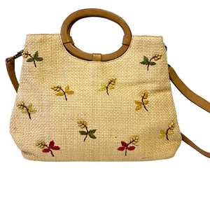 Vintage Fossil gewebte Stroh Schulter Handtasche bestickt Perlen Blumen Ledergriff - Bild 1 von 21