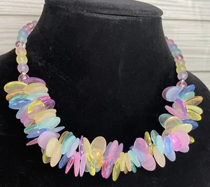 Vintage Retro 80er Jahre Damen 18 Zoll Halskette Pastell Rosa Gelb Blau Perlen Oma Kern - Bild 1 von 9