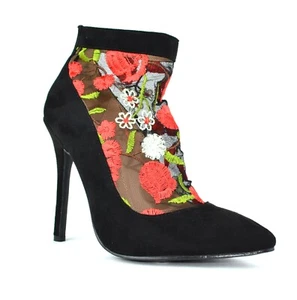 Damen-Stiletto-Booties schwarz Blumen bestickt Mesh - Bild 1 von 25